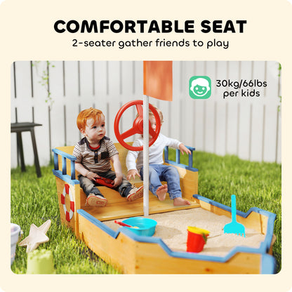 Outsunny Kids Sand Pit, Children Pirate Ship Sandbox with Bench, Bottom Liner, Seat, Natural Wood Tone