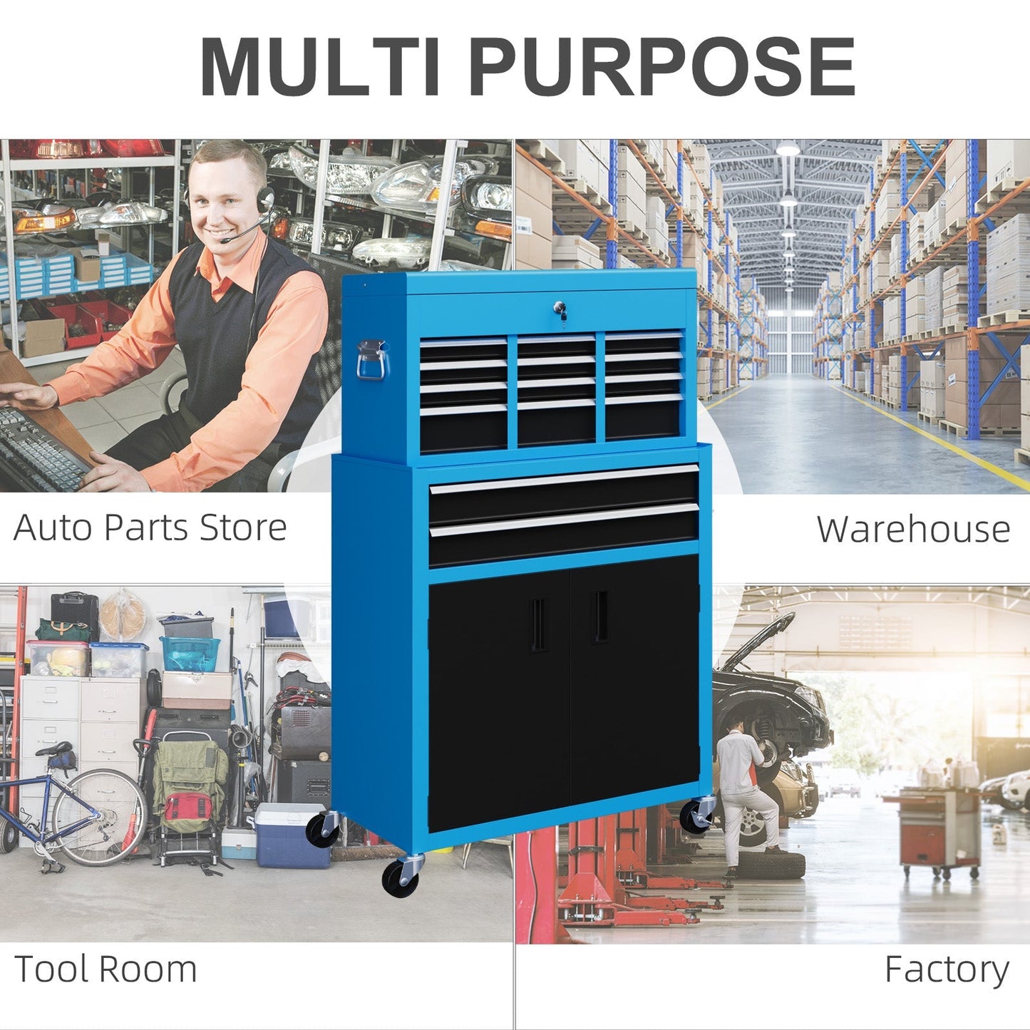 HOMCOM Portable Tool Box, Metal Tool Chest on Wheels with 6 Drawers for Garage and Workshop, Blue