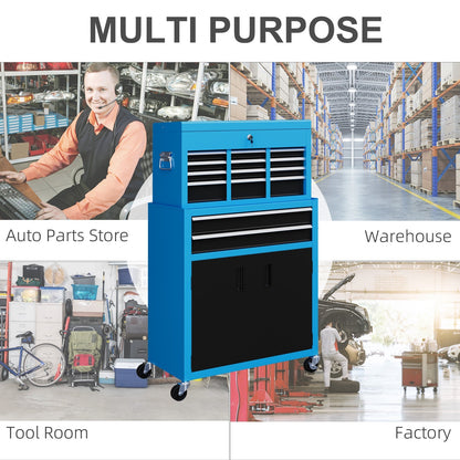 HOMCOM Portable Tool Box, Metal Tool Chest on Wheels with 6 Drawers for Garage and Workshop, Blue