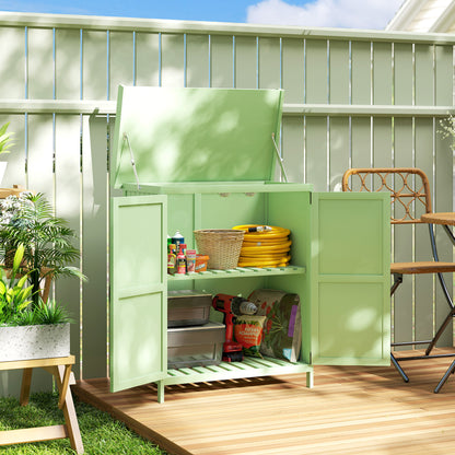Outsunny Wooden Garden Shed, Garden Tool Storage Shed with Hinged Roof and Shelf, Outdoor Storage Cabinet with Double Doors, Light Green