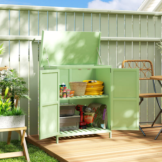 Outsunny Wooden Garden Shed, Garden Tool Storage Shed with Hinged Roof and Shelf, Outdoor Storage Cabinet with Double Doors, Light Green