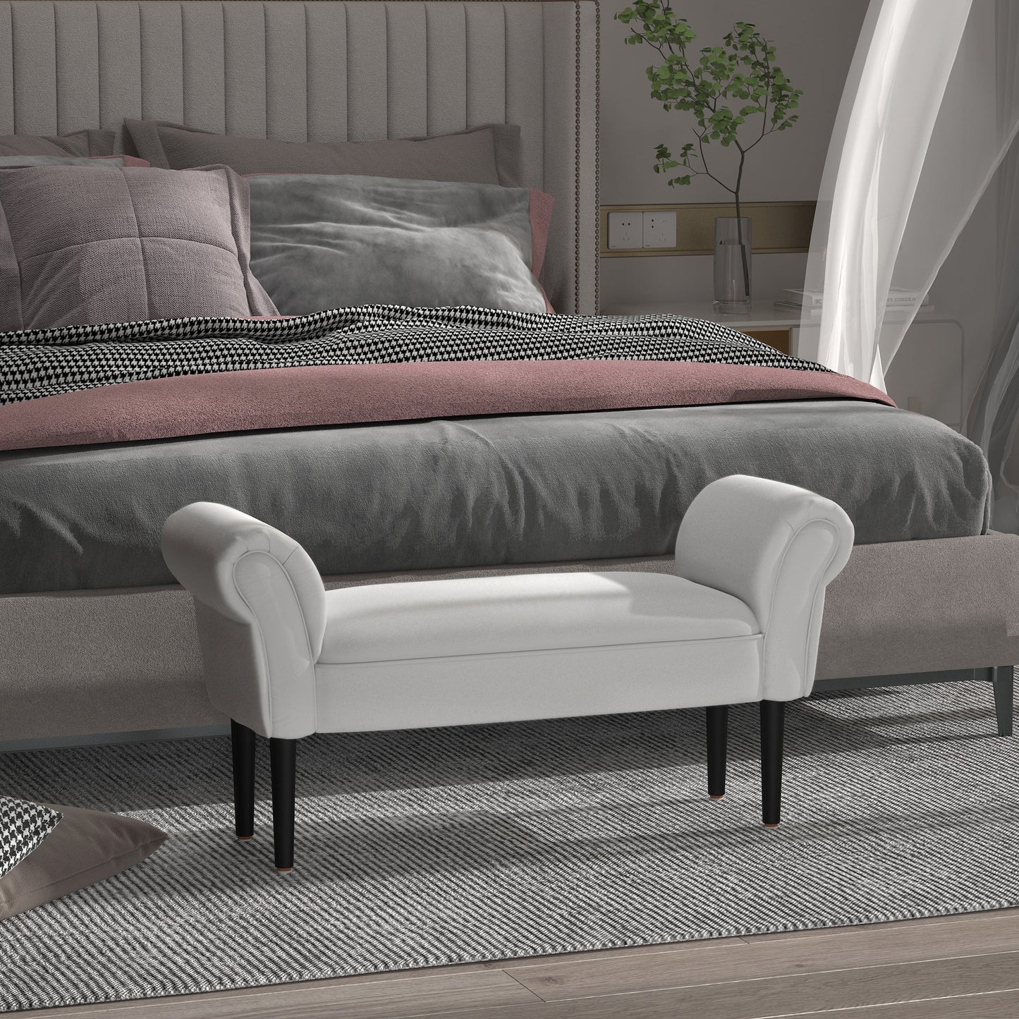 HOMCOM Small Bench, Upholstered Window Seat with Arms and Wooden Legs, Modern Shoe Bench for Entryway, Living Room, Bedroom, Greyish White