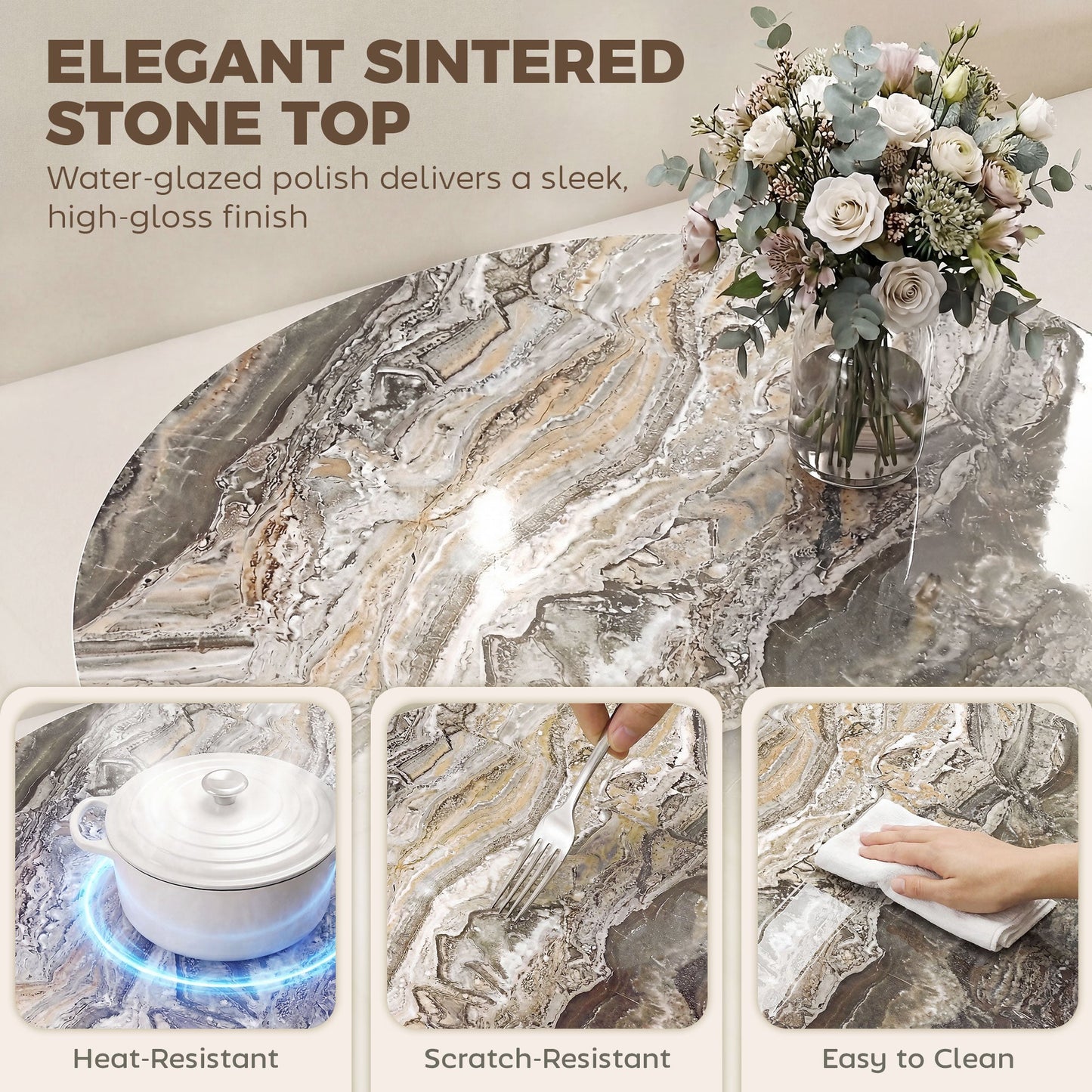 HOMCOM Coffee Table Sintered Stone Top Adjustable Foot Pads Modern centre Table for Living Room Brown and Black