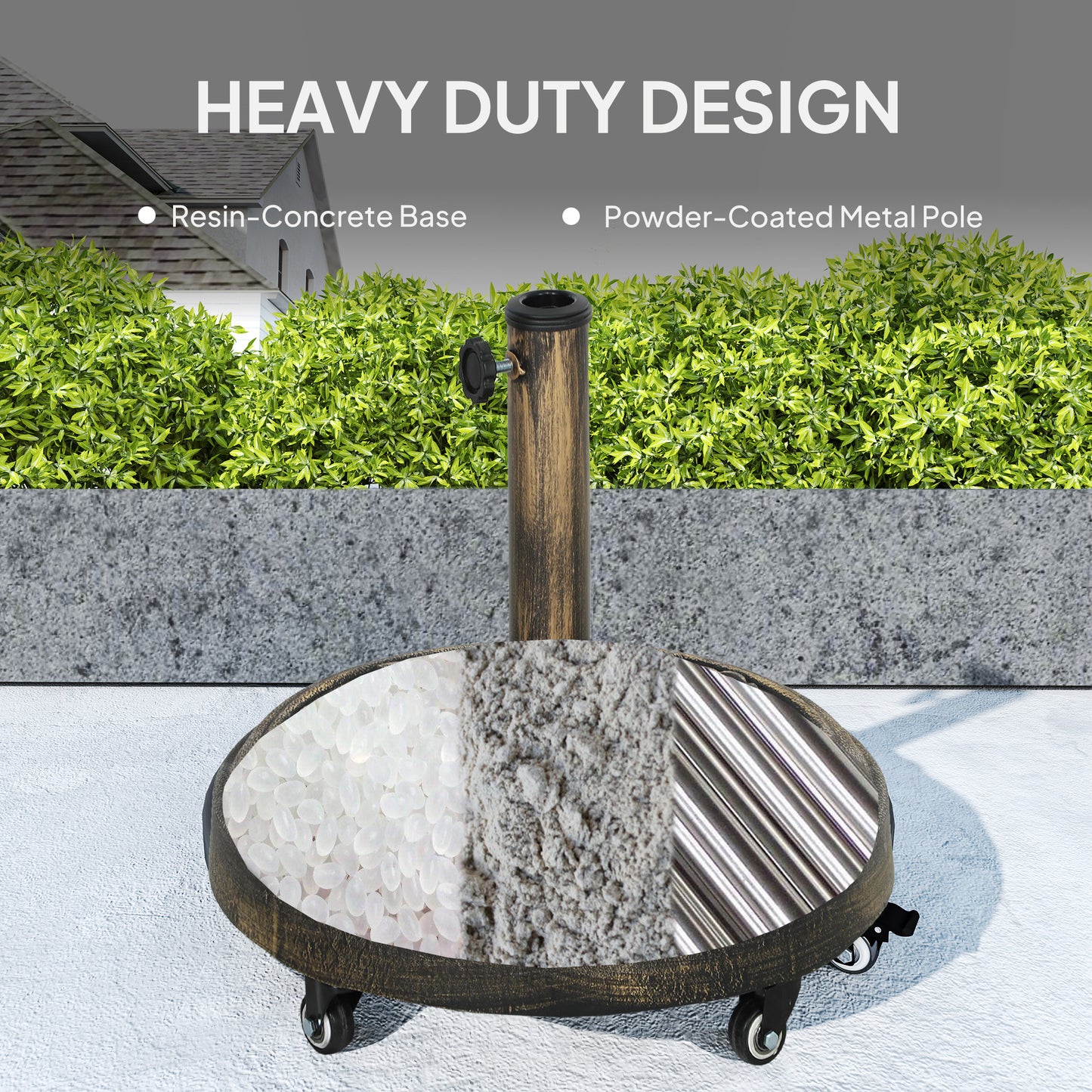 Outsunny Parasol Base, Umbrella Base with Wheels Cast Iron Effect, for Umbrella, Canopy, Weather Resistant, Bronze Tone