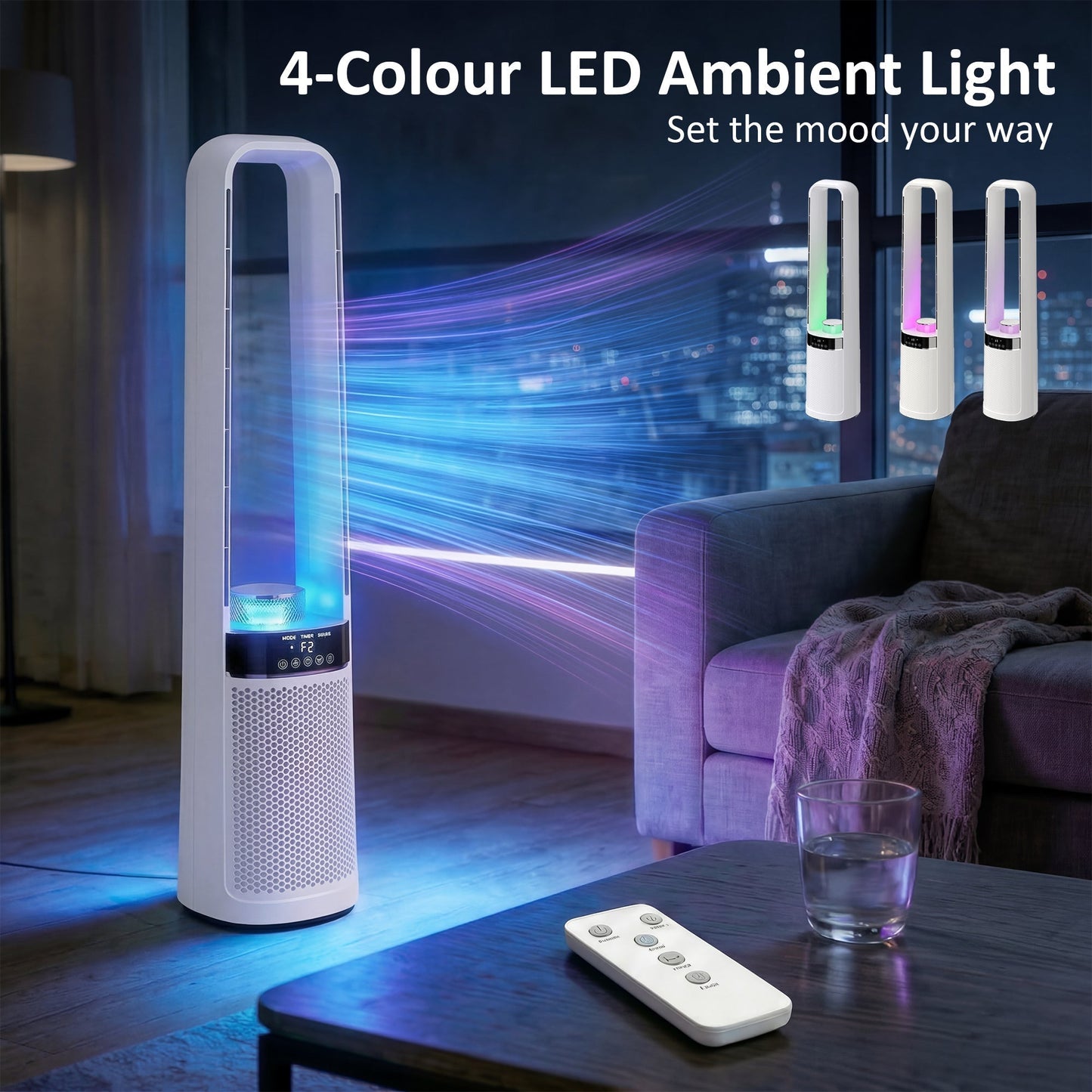 HOMCOM Bladeless Tower Fan, 36dB Standing Cooling Fan with 45 degrees Oscillating, LED Lights, 3 Speeds, 12H Timer, Remote Control