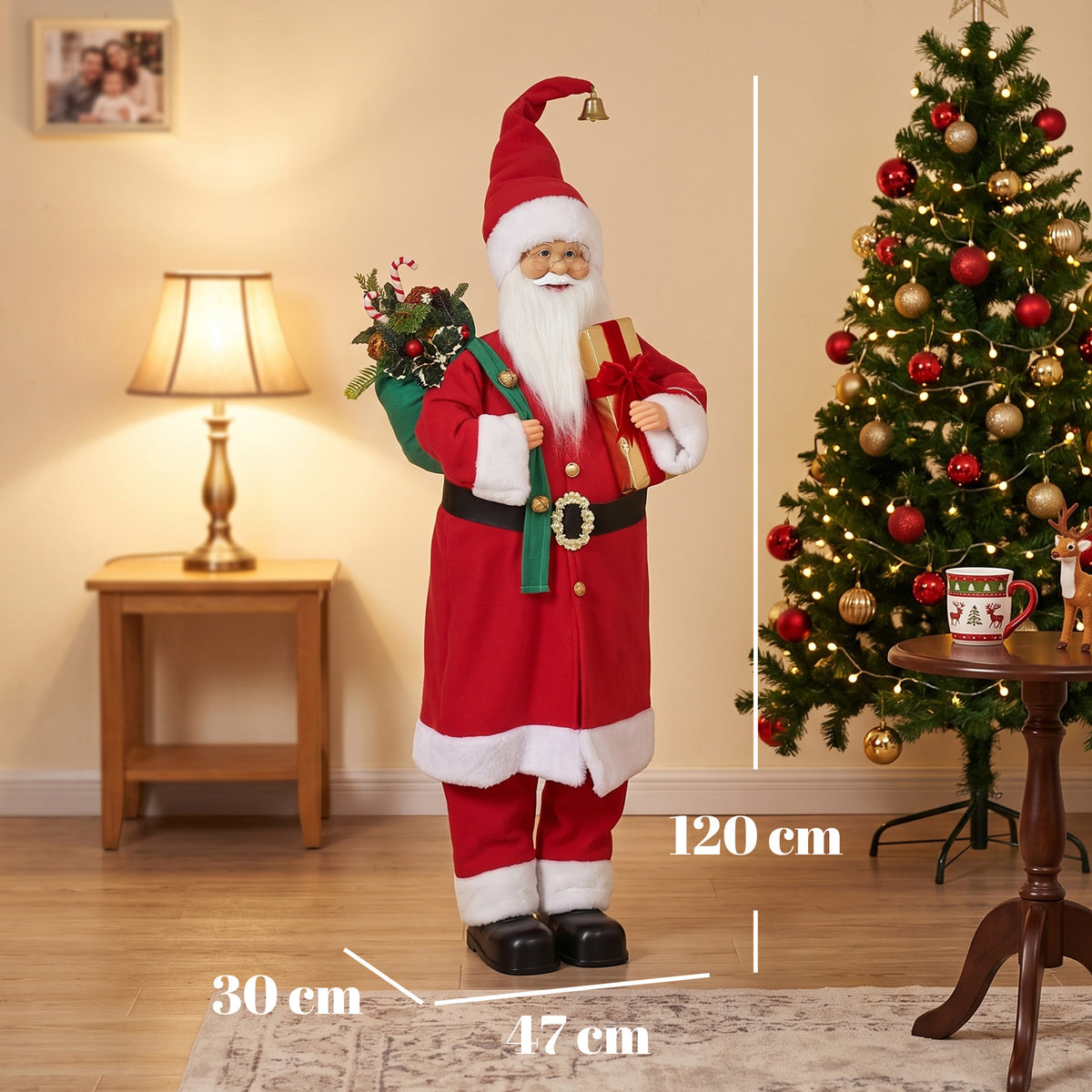 HOMCOM 4ft Singing Dancing Santa Claus, Standing Christmas Animated Santa Figure with Gift and Sack, Sound/Touch Activated