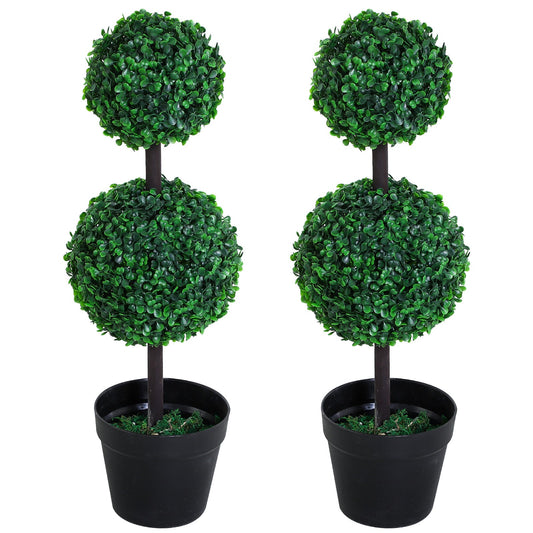 Outsunny Set of 2 Artificial Boxwood Ball Topiary Trees Potted Decorative Plant Indoor DÃ©cor (67cm)