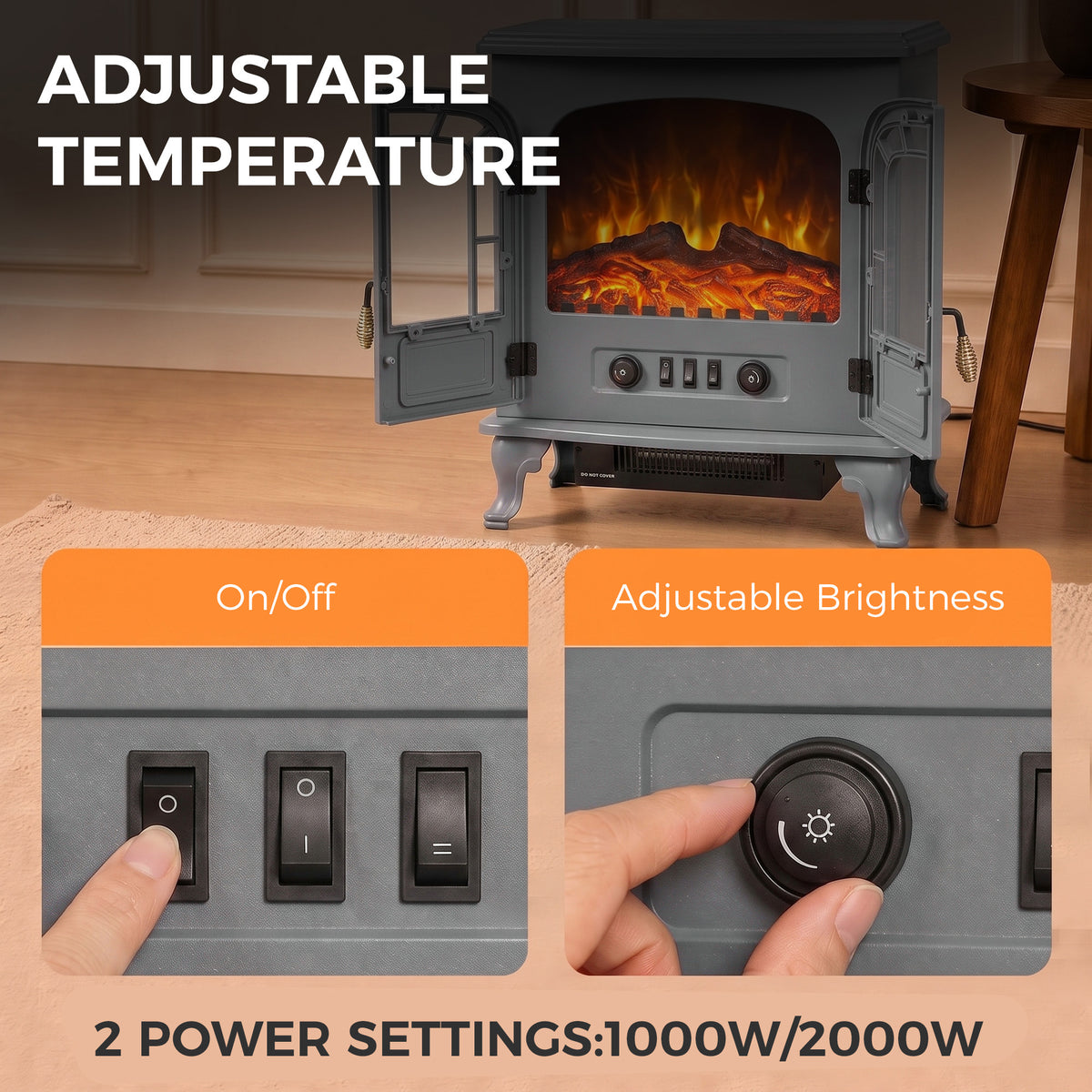 HOMCOM Freestanding Electric Fireplace Stove Heater with LED Fire Flame Effect Grey