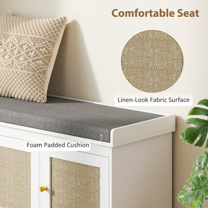 HOMCOM Shoe Storage Bench with Woven Rattan Doors, Seat - White