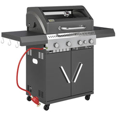 Outsunny 4+1 Burner Gas BBQ Grill with Clear View Lid, Portable Gas Barbecue Grill with Built-in Thermometer, Side Table, Cabinet, Wheels, Grease Tray for Garden Party Outdoor Cooking, Black