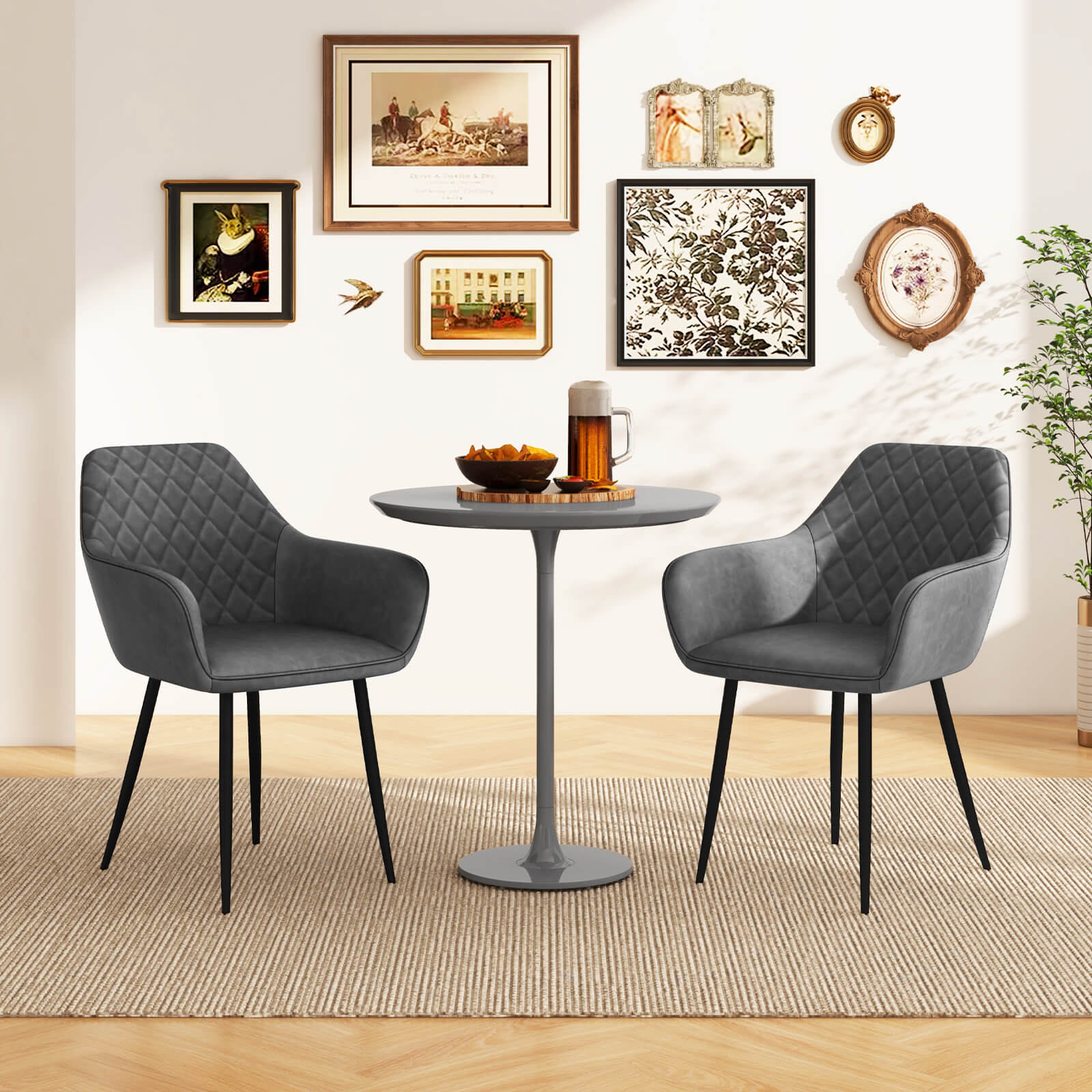 Set of 2 Leisure Dining Chair Upholstered with Curved Backrest-Grey