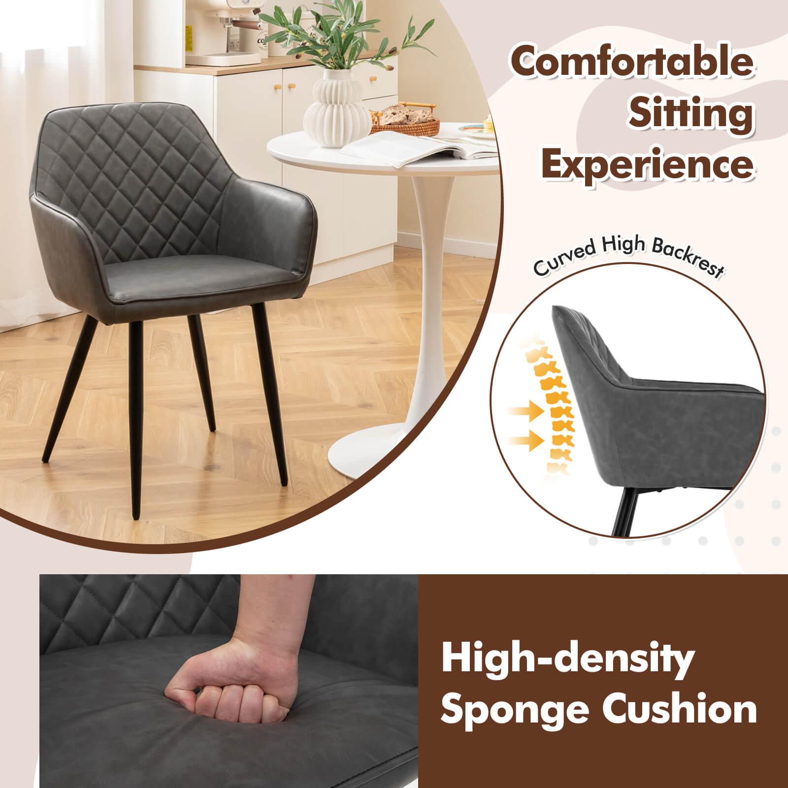 Set of 2 Leisure Dining Chair Upholstered with Curved Backrest-Grey