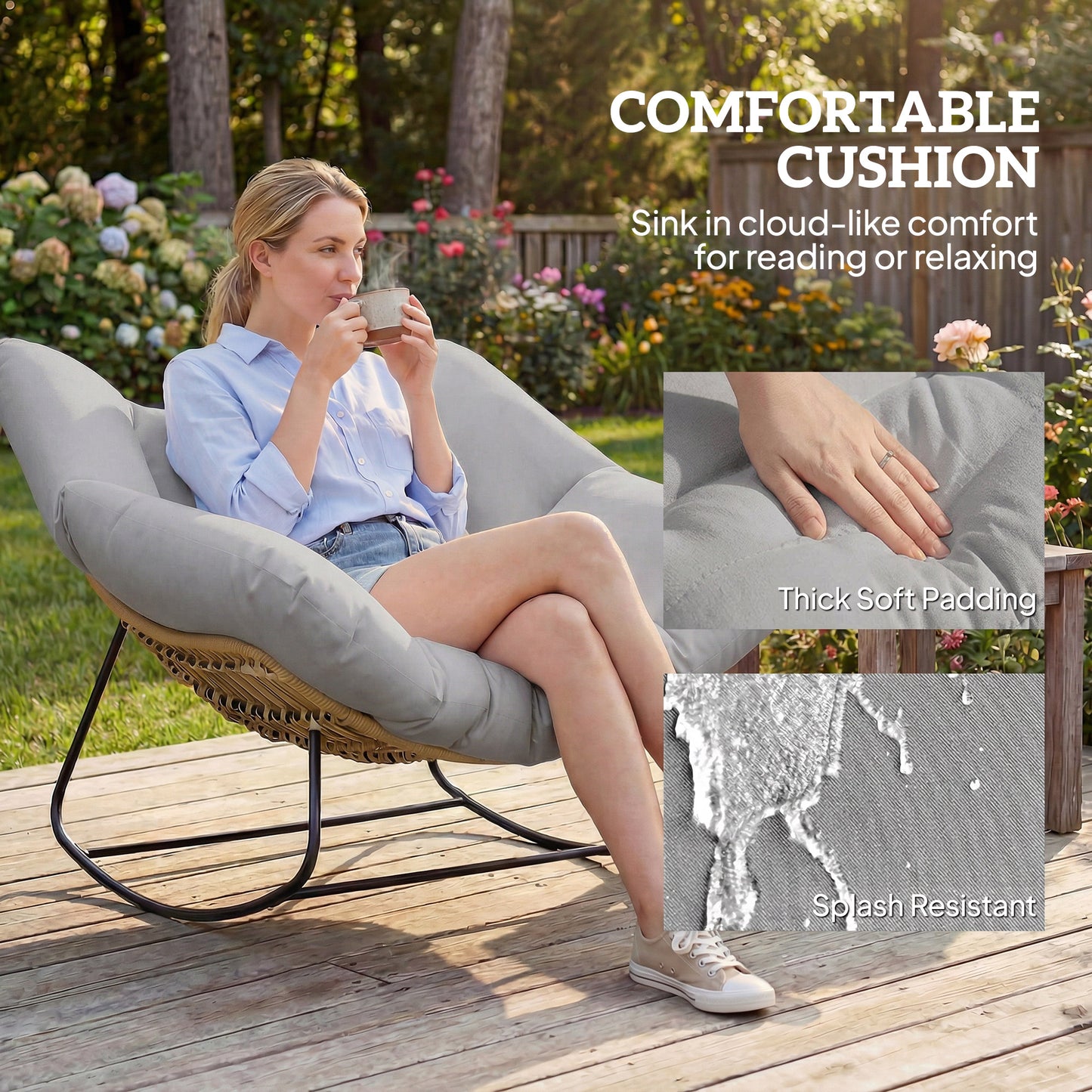 Outsunny Indoor Outdoor Rocking Chair, Oversized Rocking Egg Chair with Cushion for Living Room, Garden, Patio, Light Grey