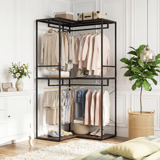 2M L-shaped Coat Rack Unit with 3 Shelves and 4 Rails Open Wardrobe-Grey