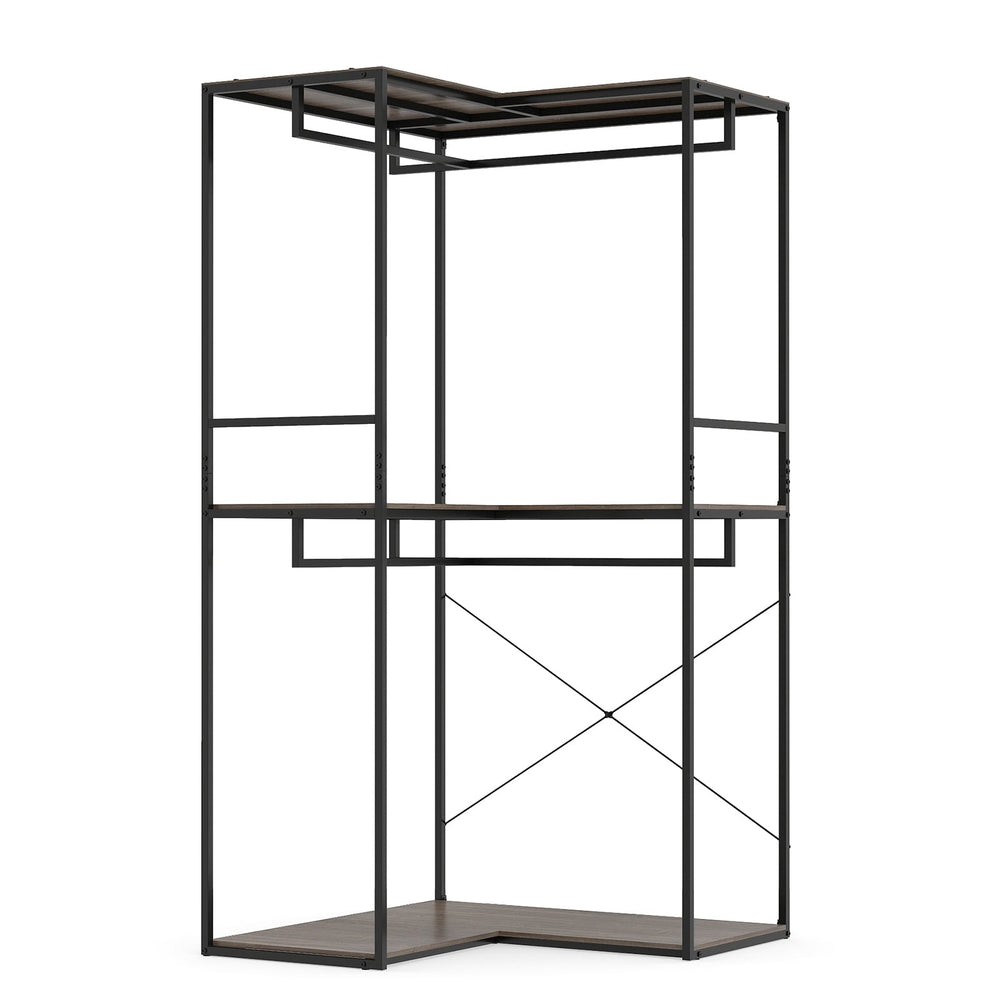 2M L-shaped Coat Rack Unit with 3 Shelves and 4 Rails Open Wardrobe-Grey