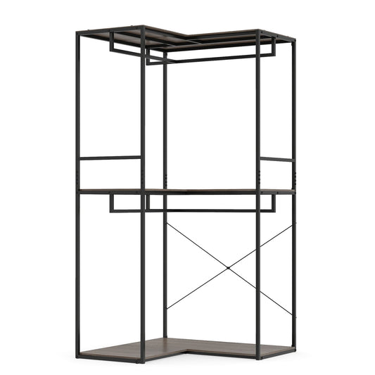 2M L-shaped Coat Rack Unit with 3 Shelves and 4 Rails Open Wardrobe-Grey