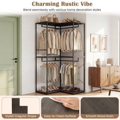 2M L-shaped Coat Rack Unit with 3 Shelves and 4 Rails Open Wardrobe-Grey