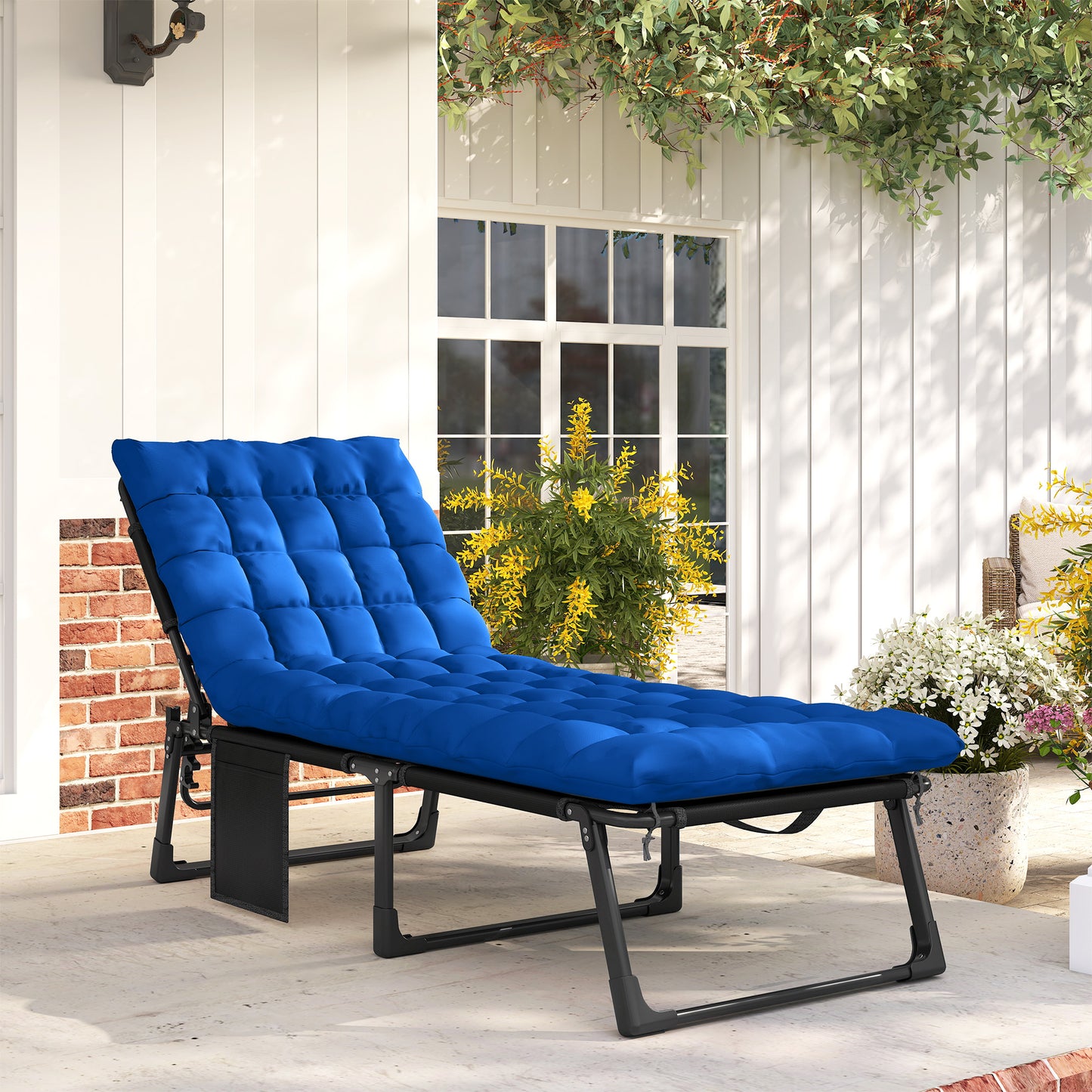 Outsunny Folding Sun Lounger for Garden, 5-Position Oversized Camping Bed Recliner with Cushions, Blue