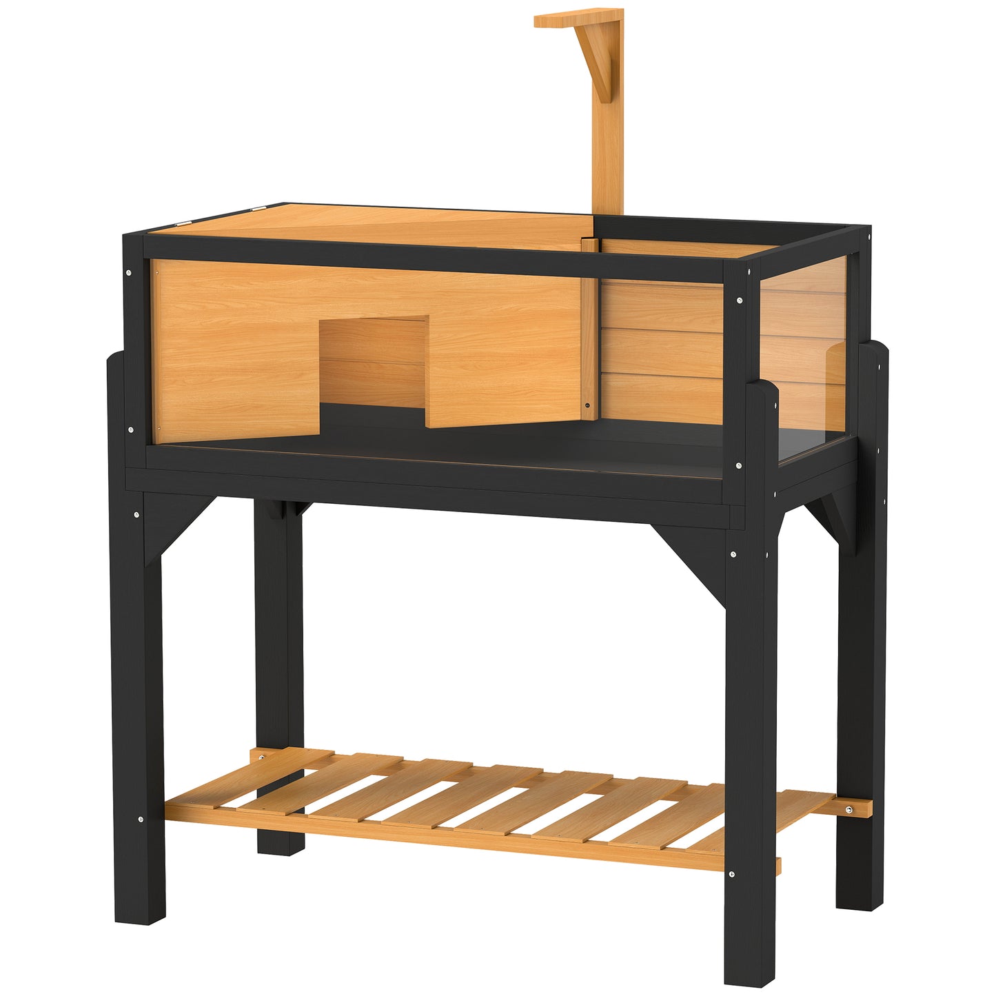 PawHut Wooden Tortoise House with Storage Shelf, Clear Observation Windows, Lamp Holder, Openable Top, Built-in Tray, Yellow