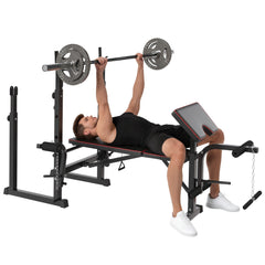 SPORTNOW Weight Bench with Two Barbell Racks, Leg Curl Machine, Preacher Curl Bench, Black