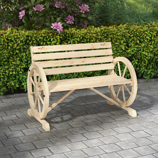 Outsunny Wagon Wheel Chair Bench Armrest Rustic Loveseat Wood Outdoor Garden, Natural