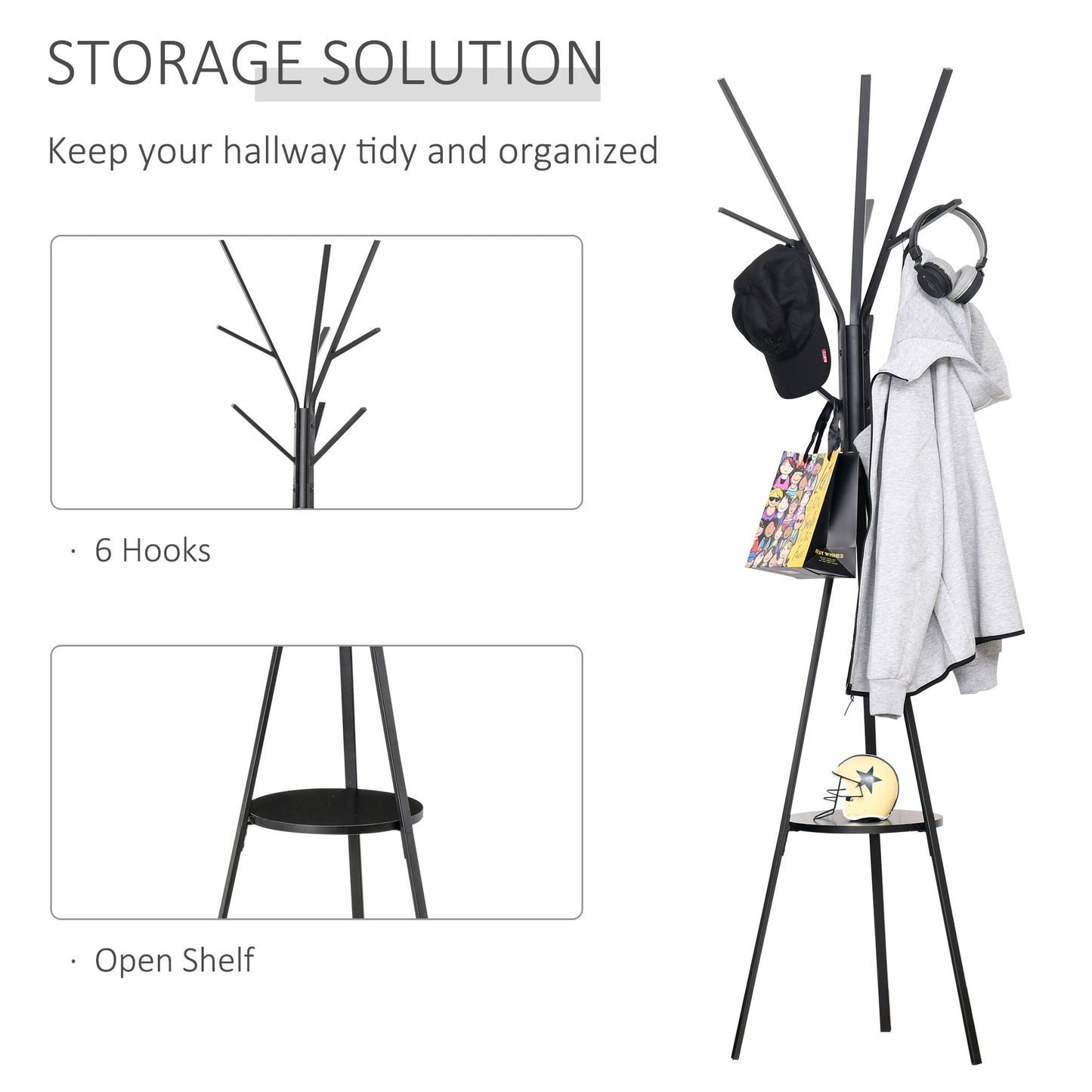 HOMCOM Freestanding Metal Coat Rack Stand 9 Hooks Clothes Tree with 1 Shelf Hat Display Hall Tree Hanger Bag Umbrella Hanging Organiser Black