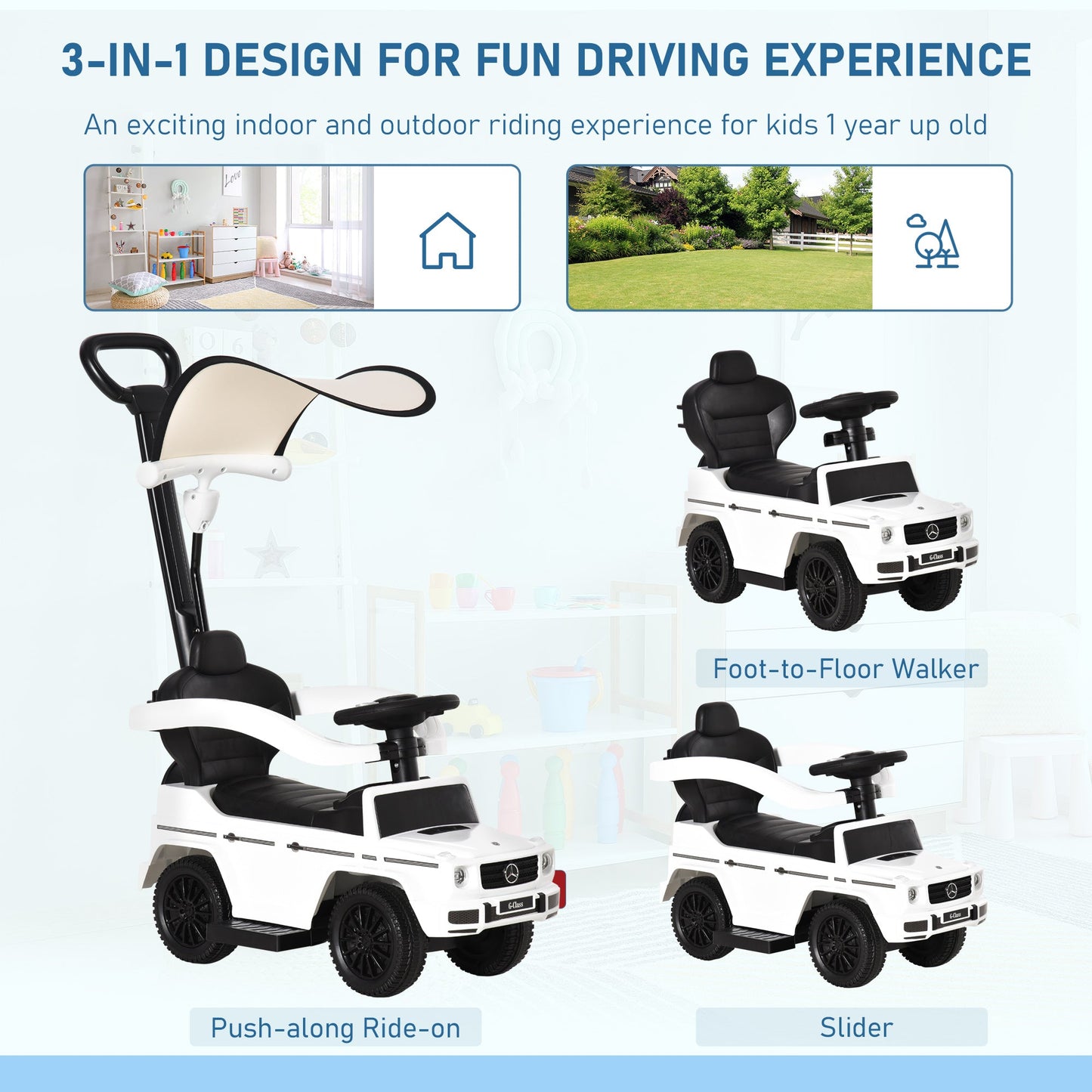 HOMCOM 3 in 1 Kids Children Ride on Push Car Toddler Sliding Car G350 Licensed Walker Foot to Floor Slider Push-Along with Horn Steering Wheel NO POWER Manual, White