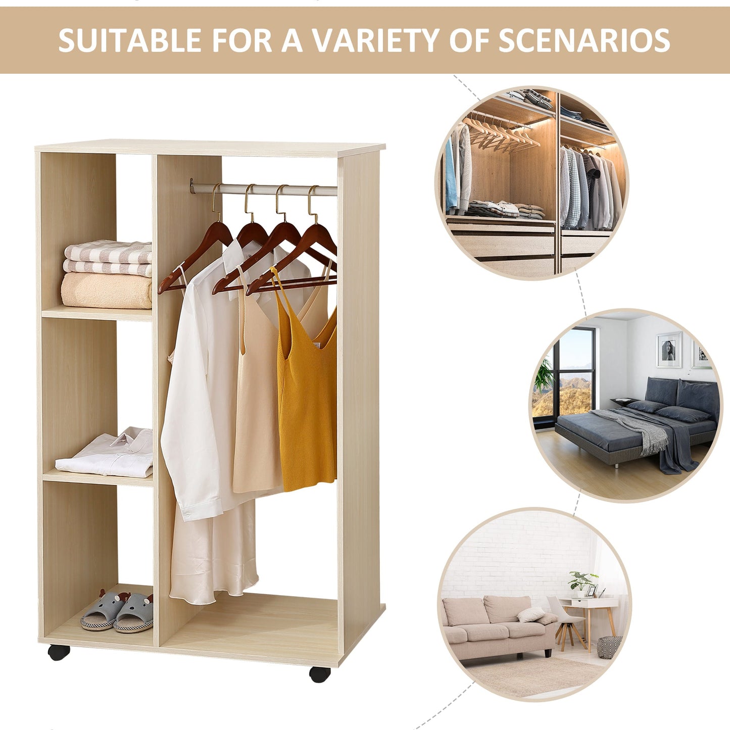 HOMCOM Open Wardrobe on Wheels, Bedroom Wardrobe with Clothes Hanging Rail, 3 Storage Shelves, Mobile Garment Rack for Cloakroom, Hallway, Maple Wood-Effect