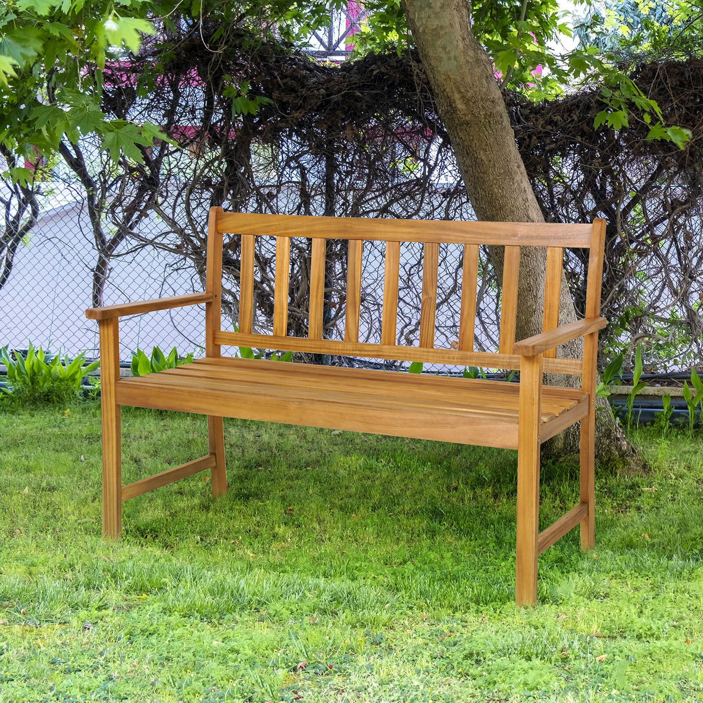 2-Person Patio Wooden Bench with Backrest and Armrests for Garden