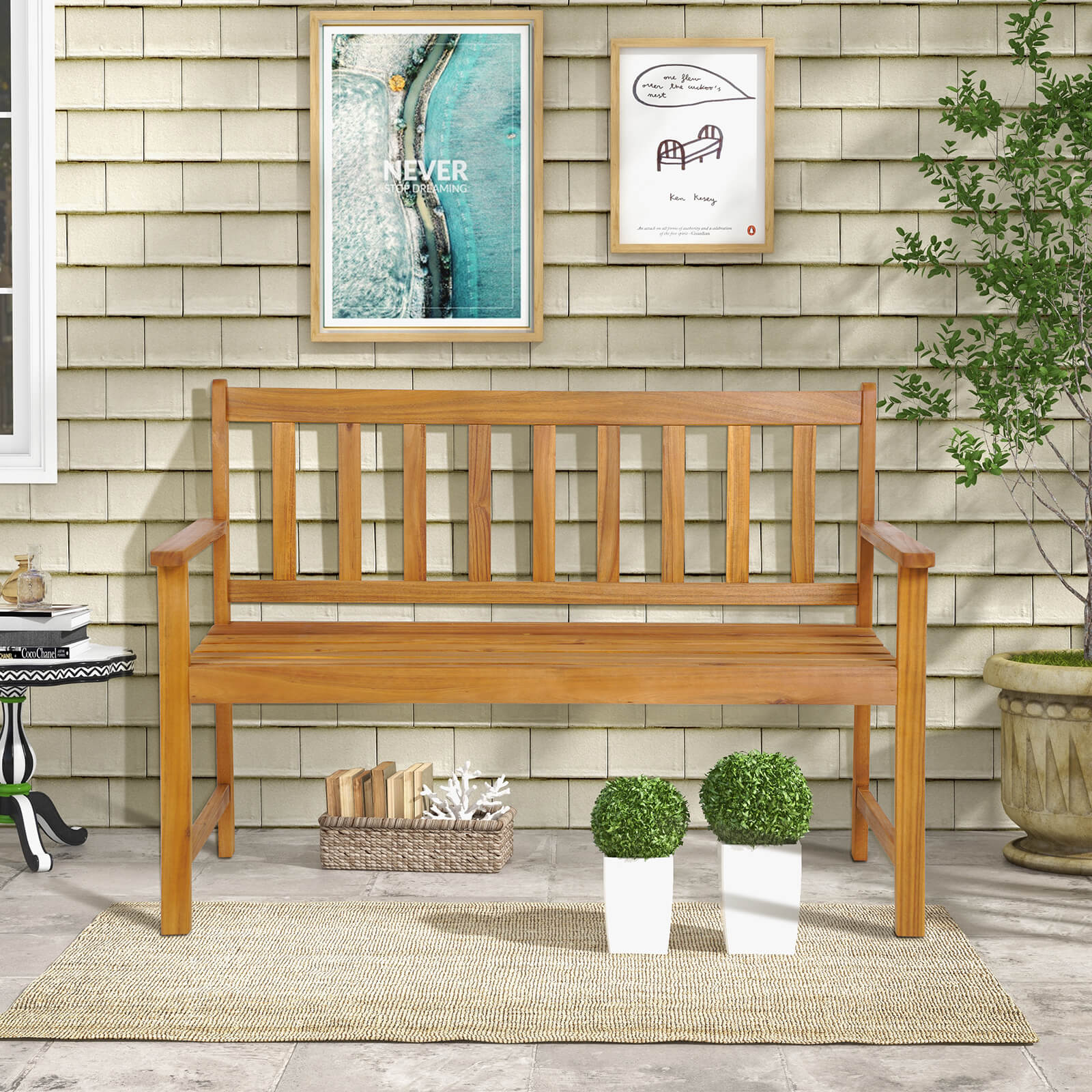 2-Person Patio Wooden Bench with Backrest and Armrests for Garden