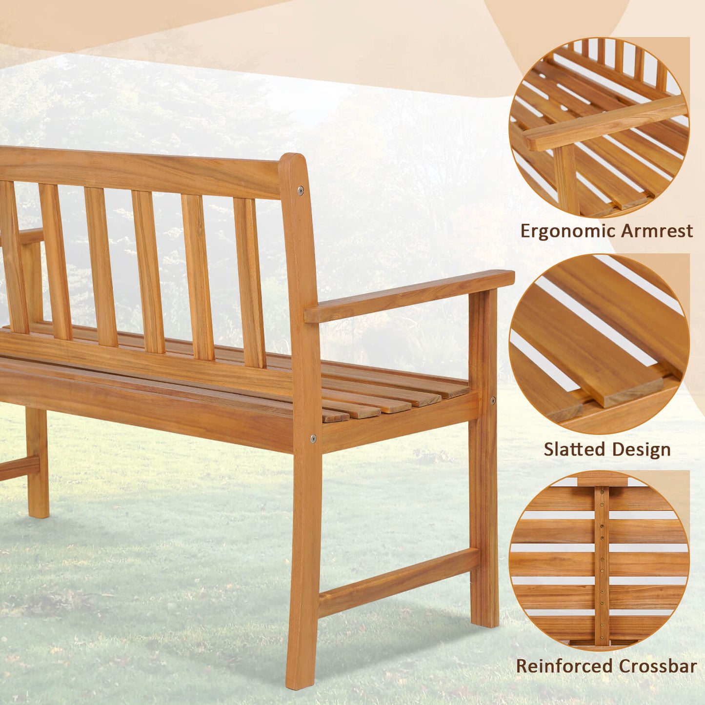 2-Person Patio Wooden Bench with Backrest and Armrests for Garden