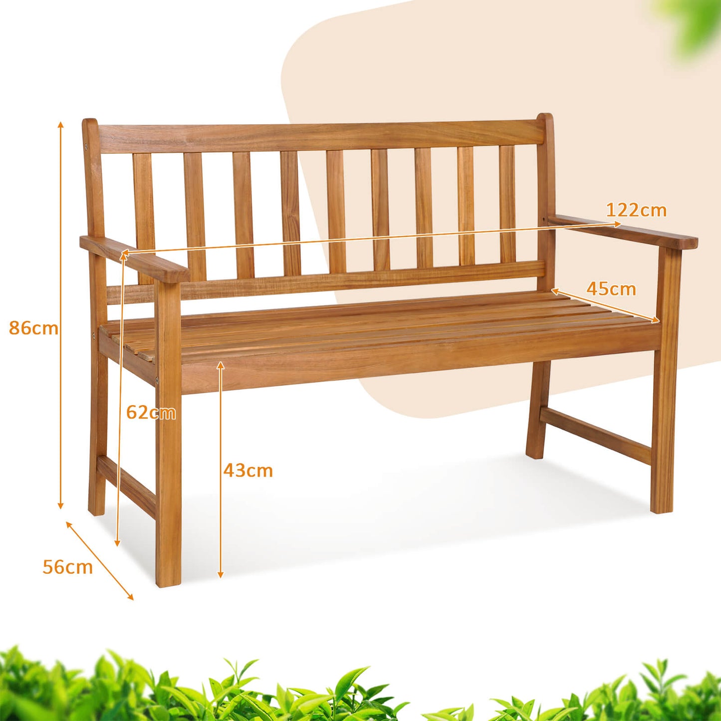 2-Person Patio Wooden Bench with Backrest and Armrests for Garden