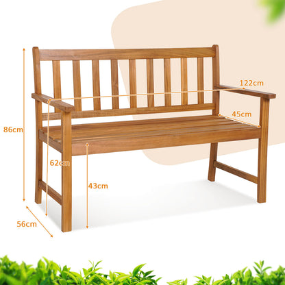 2-Person Patio Wooden Bench with Backrest and Armrests for Garden