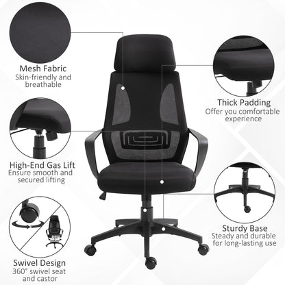 Vinsetto Ergonomic Office Chair w/ Wheel, High Mesh Back, Adjustable Height Home Office Chair - Black