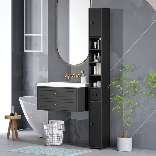 kleankin 180cm Slim Bathroom Cabinet, with Drawer, Shelves and Cupboards - Black