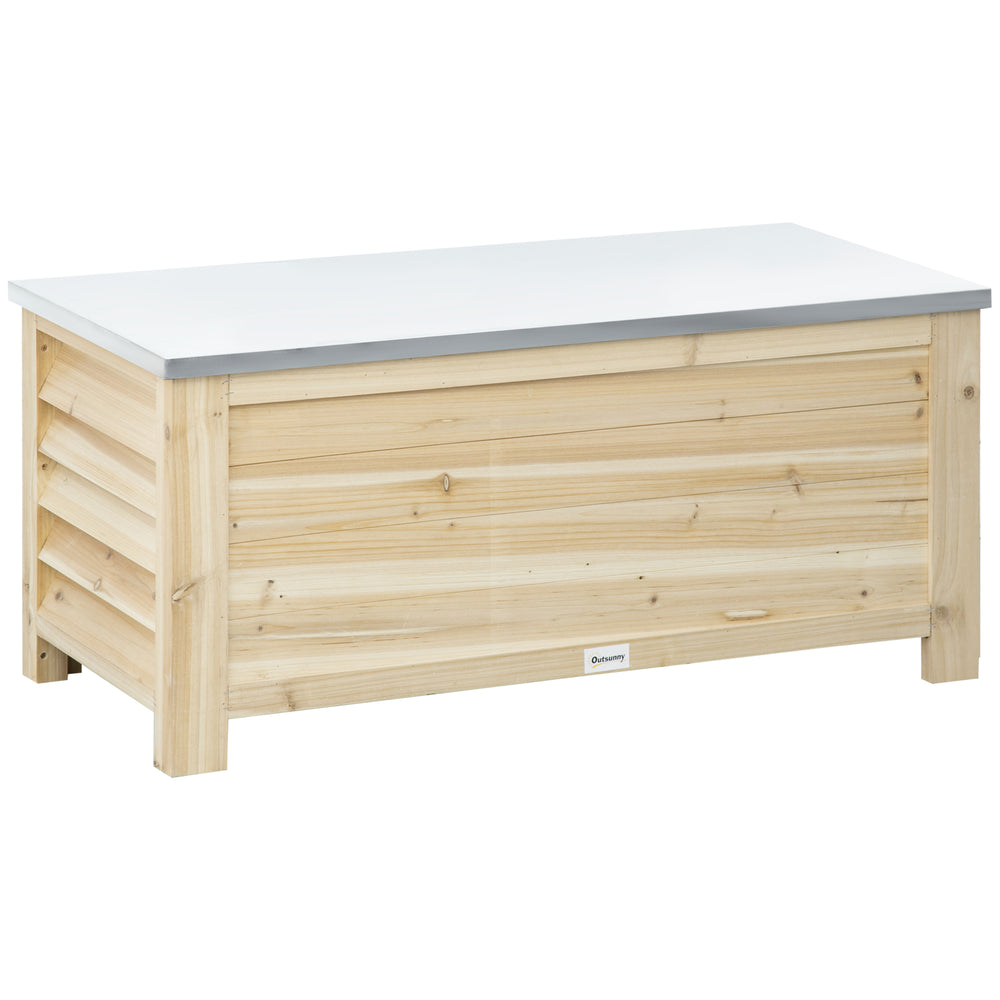 Outsunny 155L Outdoor Storage Box with Metal Top and Shutter Walls, Wooden Outside Tool organiser Container, for Garden, terrace