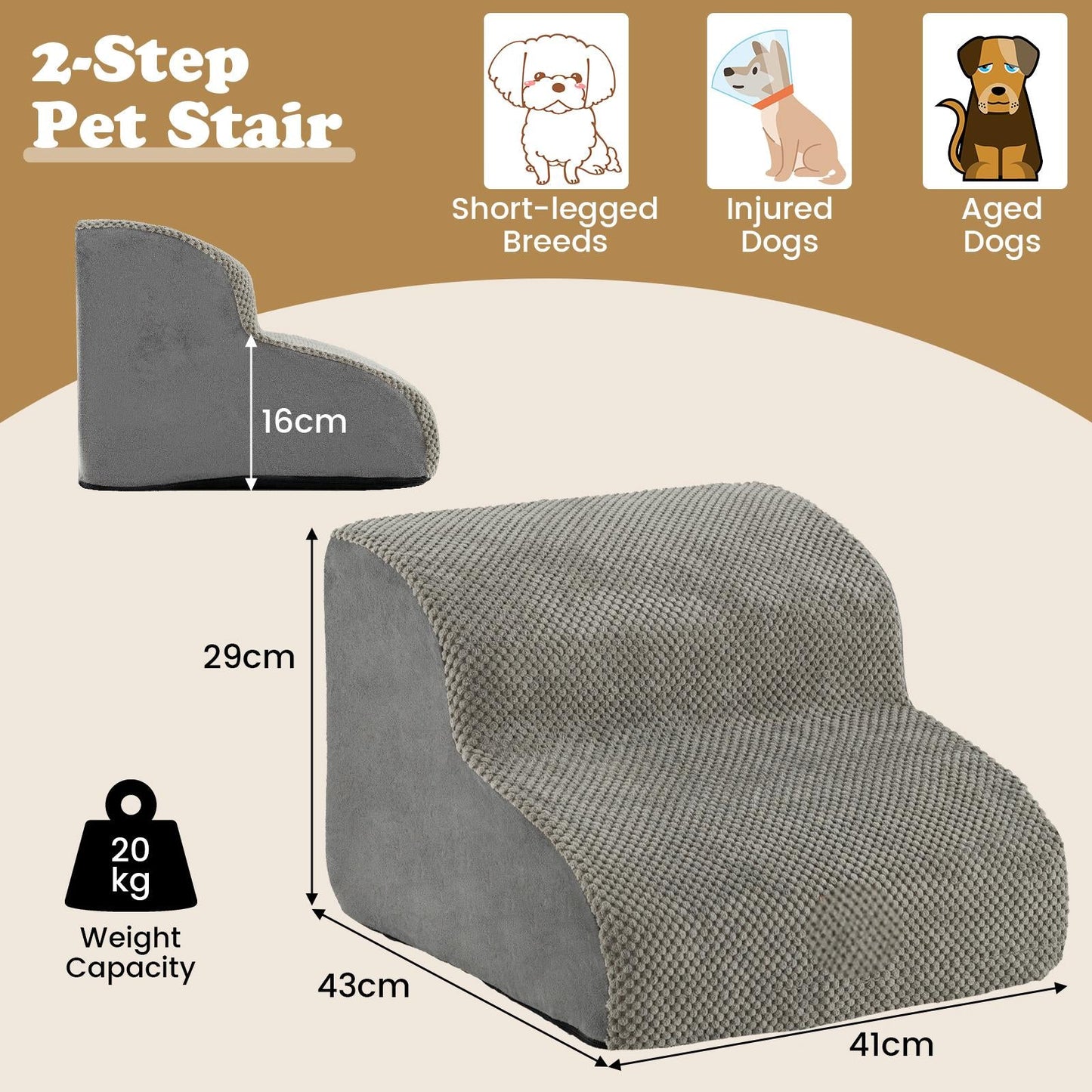 2-Tier Dog Ramp Pet Stairs with Washable Cover and High-Density Foam-Grey