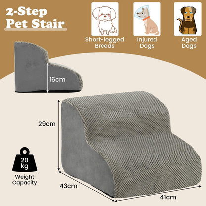2-Tier Dog Ramp Pet Stairs with Washable Cover and High-Density Foam-Grey