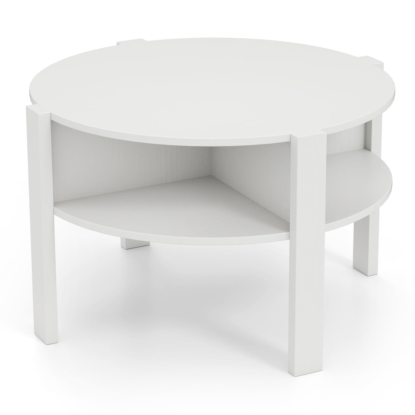 2-Tier Round Coffee Table with 4 Shelves-White