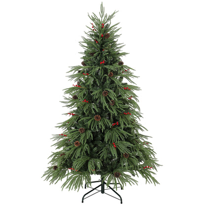 HOMCOM 6ft Artificial Christmas Tree with Pinecones, Red Berries, Hinged Predecorated Xmas Tree with 2843 Branch Tips
