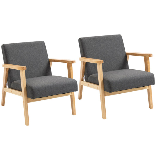 HOMCOM Set of 2 Accent Armchair, Living Room Chair, Wooden Upholstered Single Lounge Chair with Rubber Wood Legs and Padded Seat, Leisure Sofa Chair for Bedroom Office, Dark Grey
