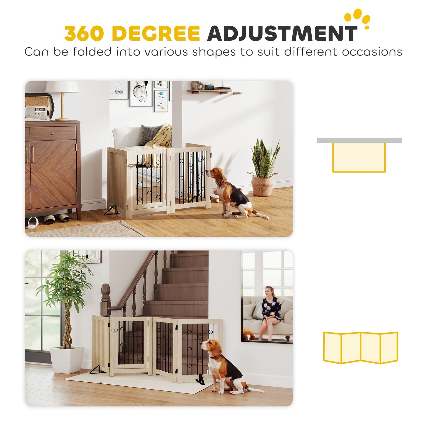 PawHut 4 Panel Freestanding Pet Gate, Indoor Dog Barrier with Lockable Door, Support Feet, 360 degrees Flexible Hinges, Oak