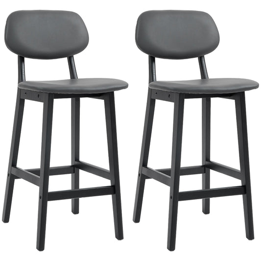 HOMCOM Bar Stools Set of 2, Breakfast Bar Chairs, PU Leather Upholstered Kitchen Stools with Backs, Footrests and Solid Wood Legs, Dark Grey