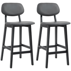 HOMCOM Bar Stools Set of 2, Breakfast Bar Chairs, PU Leather Upholstered Kitchen Stools with Backs, Footrests and Solid Wood Legs, Dark Grey
