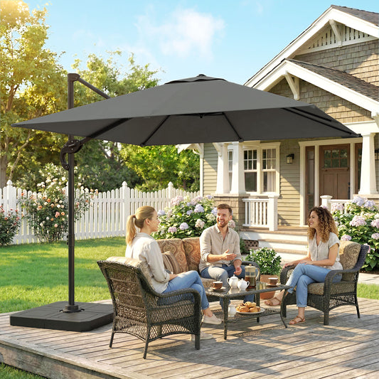 Outsunny 2.4 x 2.4m Cantilever Parasol with Umbrella Weights, UPF50+ Offset Outdoor Umbrella w/ Easy Tilt Adjustment, Dark Grey