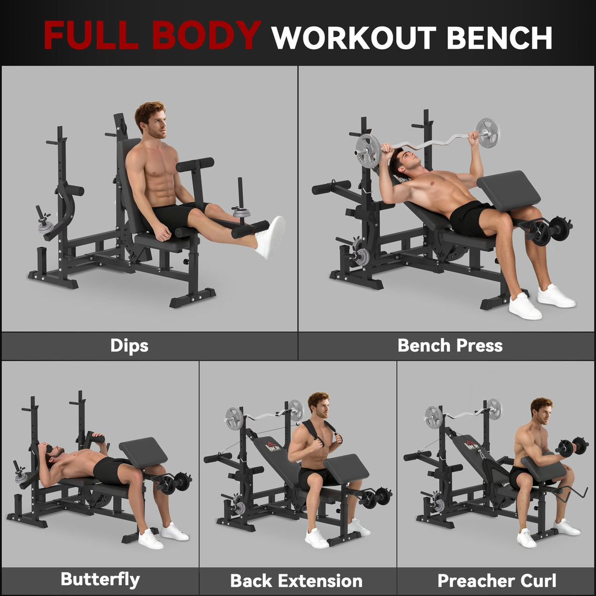 HOMCOM Weight Bench, 6 in 1 Adjustable Bench Press with Leg Extension, Barbell Rack, Preacher Curl Pad, Resistance Band, Multi-Function Home Gym Equipment for Strength Training Weightlifting