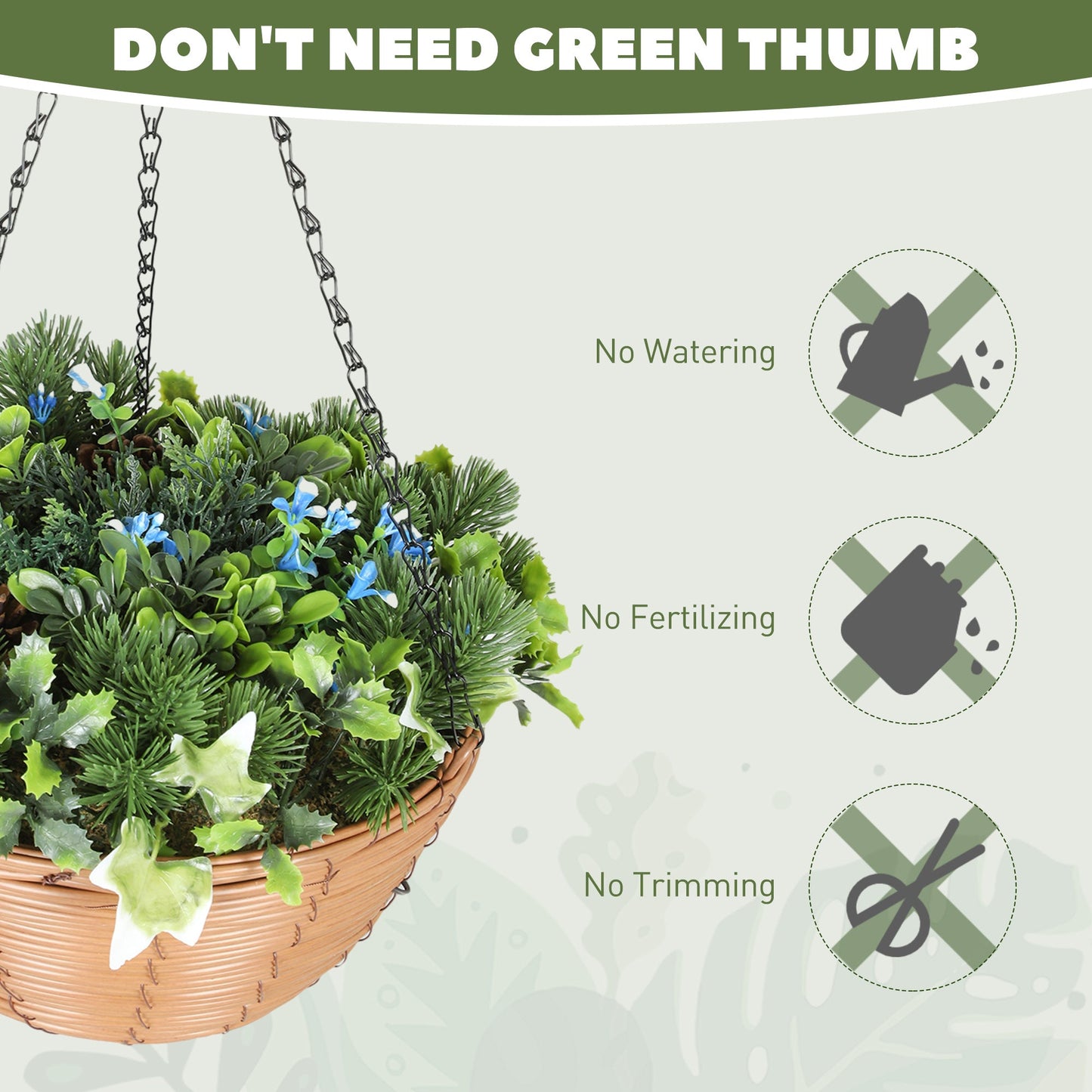 HOMCOM Pack of 2 Faux Plant Artificial Lisianthus Flowers, Hanging Planters with Basket, PE Leaves, 18 Flowers and 3 Pinecones, Decorative Faux Plants for Home Office Decor, Green