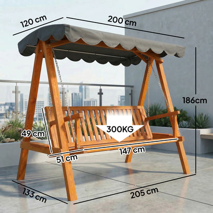Outsunny 3 Seater Garden Swing Seat with Canopy, Wooden Swing Chair, Outdoor Hammock Bench for Balcony Patio Porch, Dark Grey