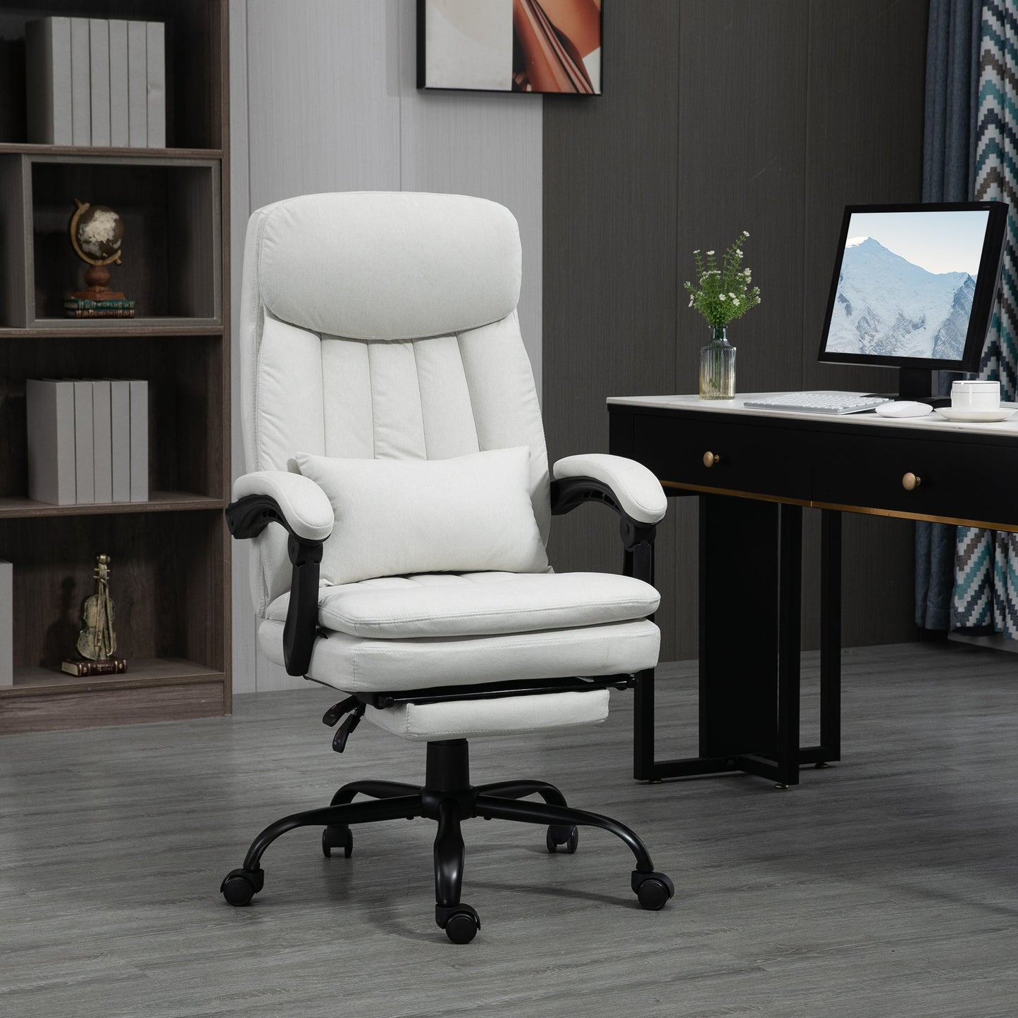 Vinsetto Vibration Massage Office Chair w/ Heat, Microfibre Computer Chair w/ Footrest, Lumbar Support Pillow, Armrest, Reclining Back, Cream White