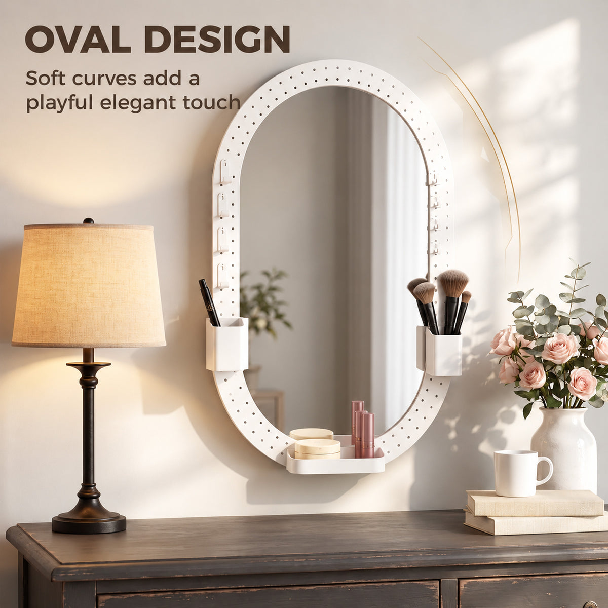 HOMCOM Oval Wall Mirror, 60 x 90 cm Decorative Hanging Mirror with Pegboard Frame, Wall-Mounted, White